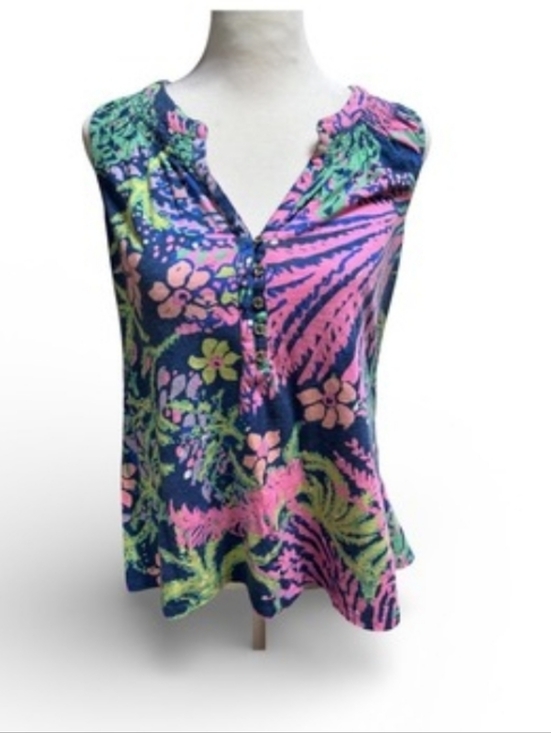 Lilly Pulitzer Tops - Lilly Pulitzer Gold Button Down V-Neck Blue Pink Green Floral Tank Top Large